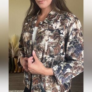 Chico's Design Brown and Black Jean Jacket with embroidery and embellishments